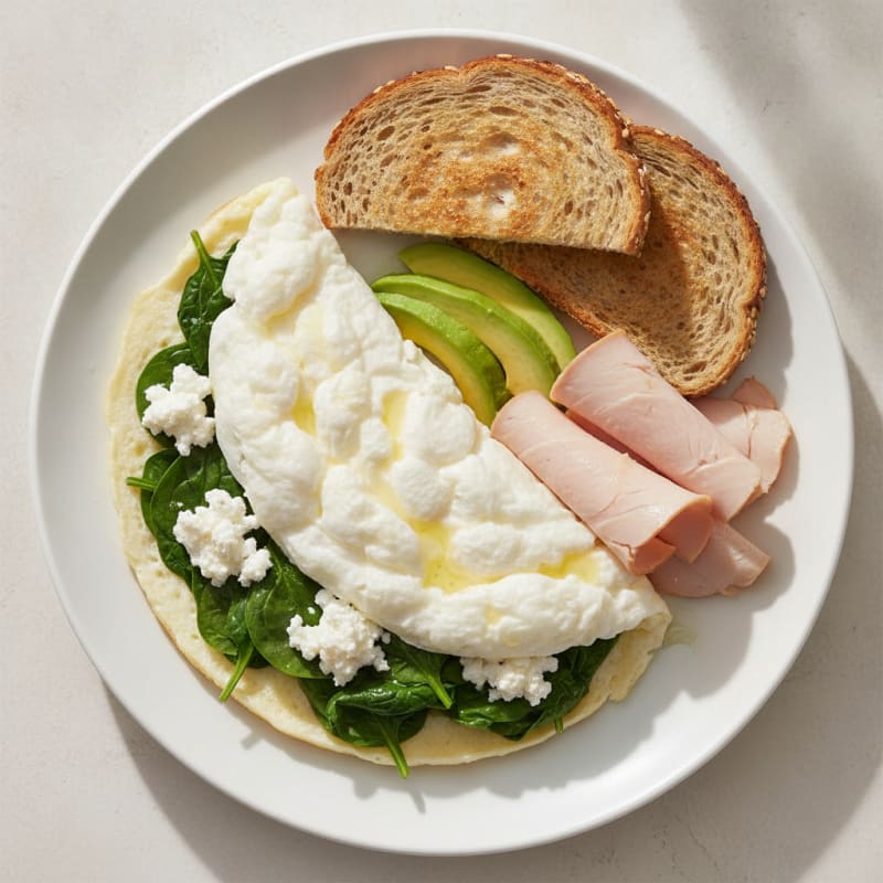 Egg White Spinach Omelette with Cottage Cheese and Sliced Turkey
