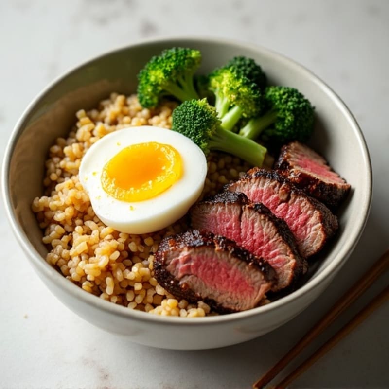 Lean Seared Beef and Crispy Broccoli Rice Bowl