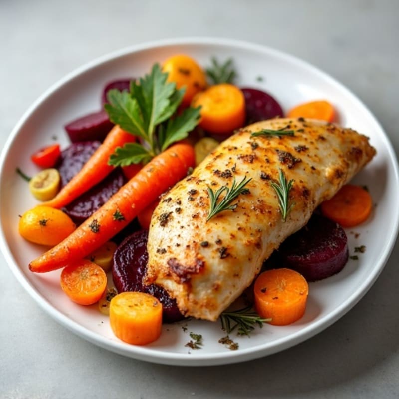 Crispy Herb-Roasted Root Medley with Lemon Garlic Chicken