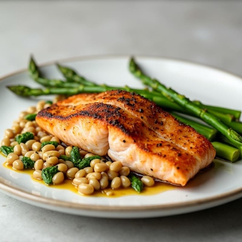 Seared Salmon with Roasted Asparagus and Lentil-Egg White Salad