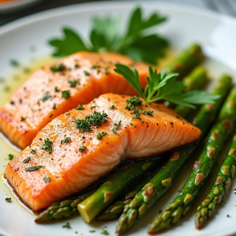 Crispy Pan-Seared Salmon with Roasted Asparagus and Lemon-Herb Sauce