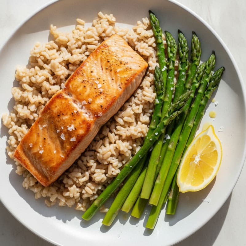 Seared Salmon with Steamed Asparagus and Brown Rice
