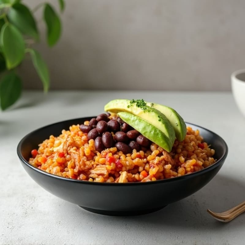 Spicy Shredded Chicken Bowl with Brown Rice, Black Beans, and Creamy Avocado