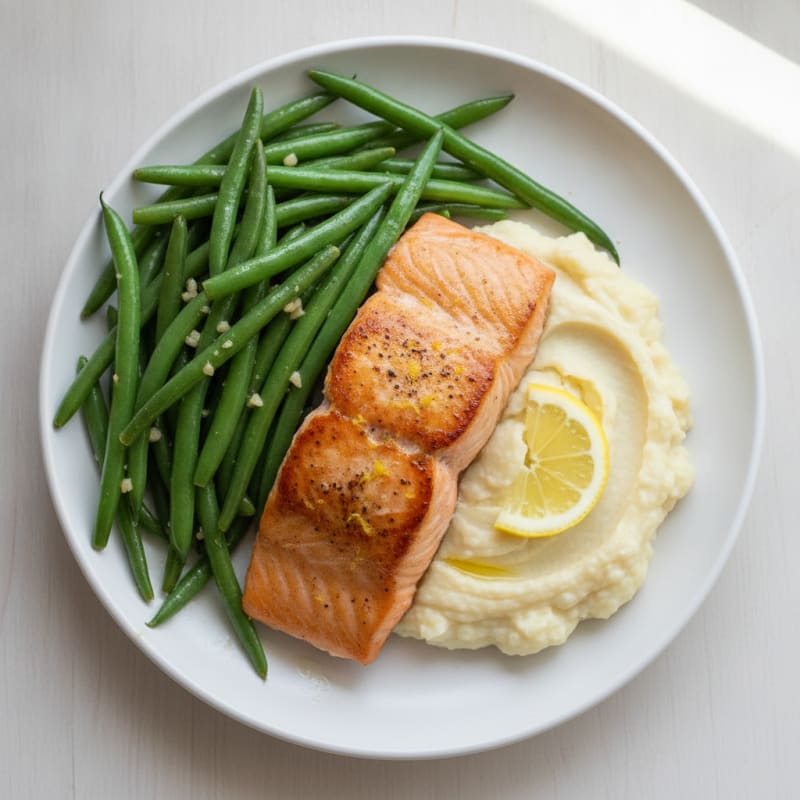 Seared Salmon with Steamed Green Beans and Cauliflower Mash