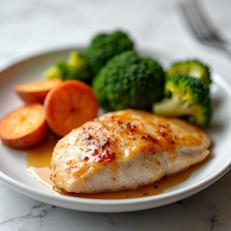 Apple Glazed Chicken with Roasted Sweet Potatoes and Broccoli