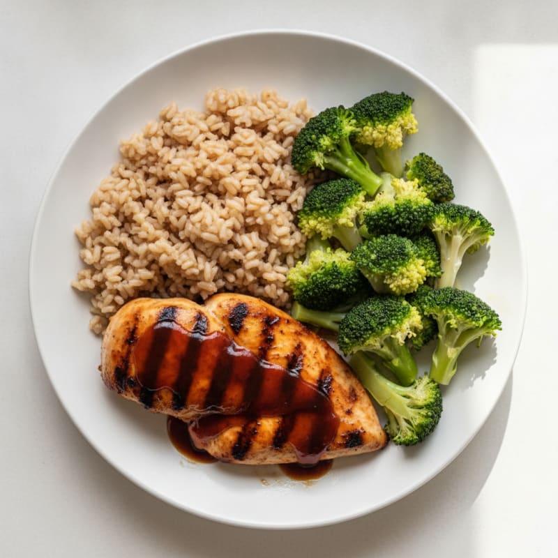 Grilled BBQ Chicken with Brown Rice and Steamed Broccoli