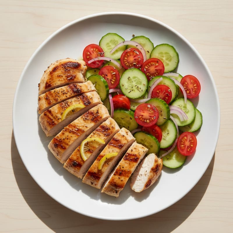 Grilled Chicken Breast with Crisp Cucumber Tomato Salad