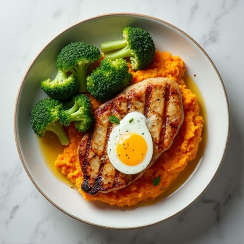 Grilled Chicken Breast with Steamed Broccoli and Sweet Potato Mash