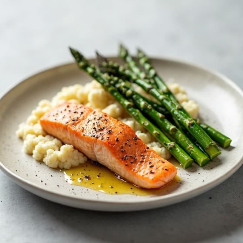 Seared Salmon with Steamed Asparagus and Cauliflower Mash