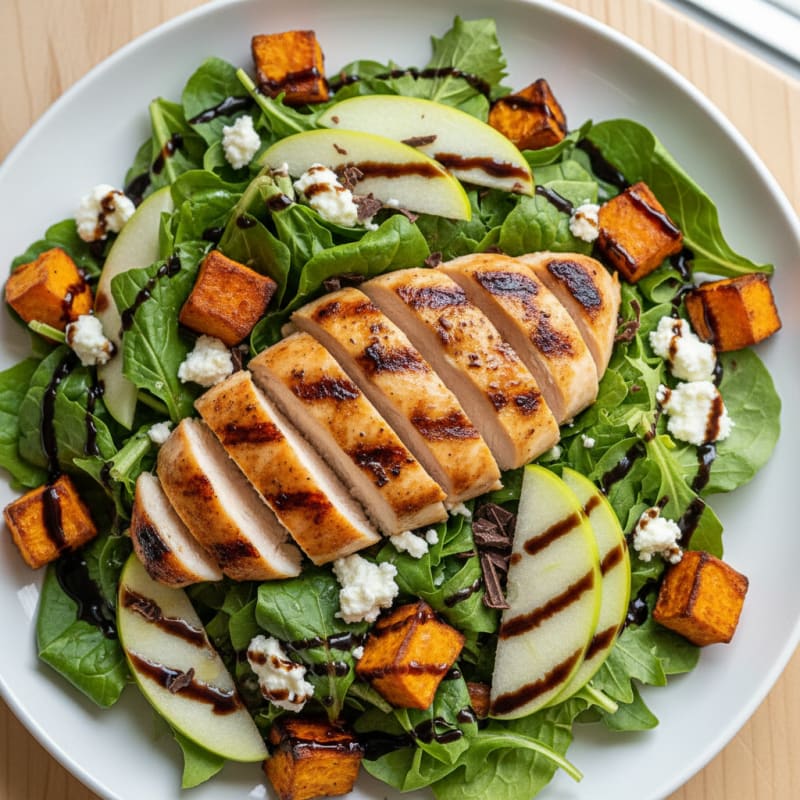 Grilled Chicken Breast with Roasted Sweet Potato and Goat Cheese Salad