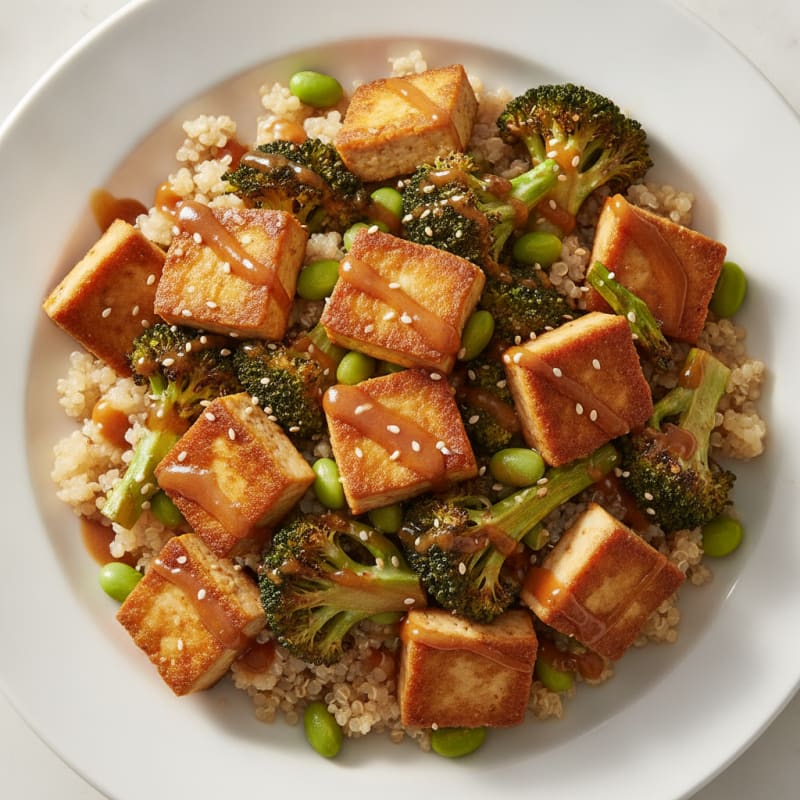 Seared Tofu and Roasted Vegetable Stir-Fry with Quinoa