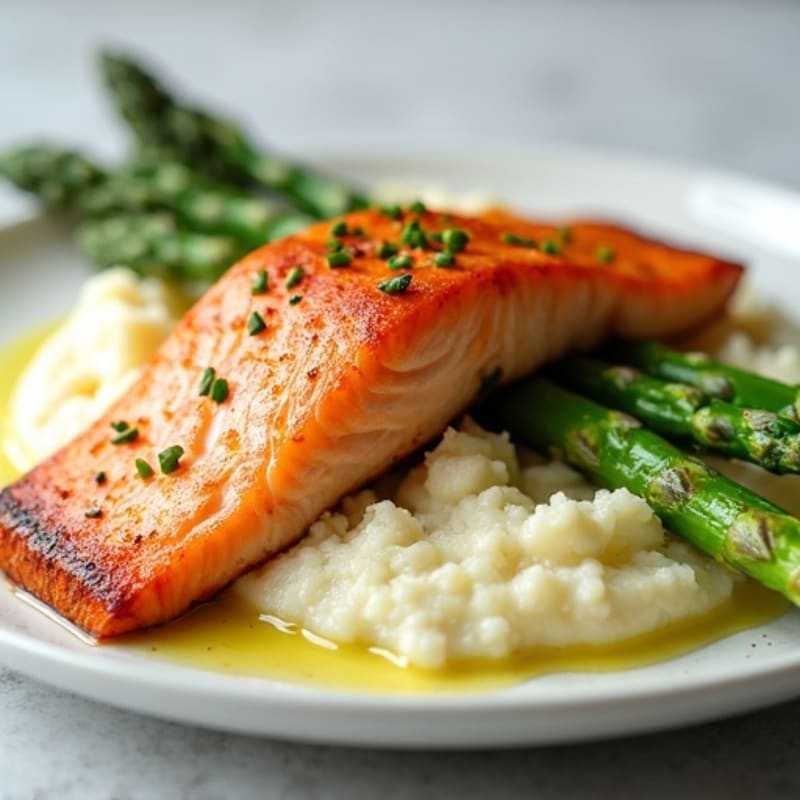 Seared Salmon with Steamed Asparagus and Cauliflower Mash