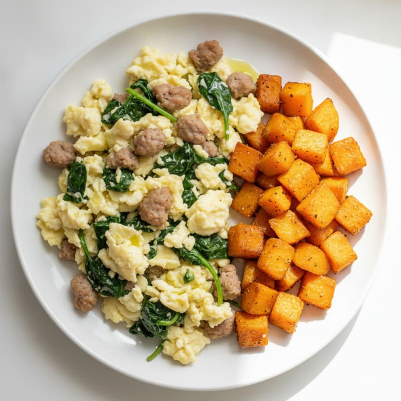 Egg White and Turkey Sausage Scramble with Spinach and Roasted Sweet Potato