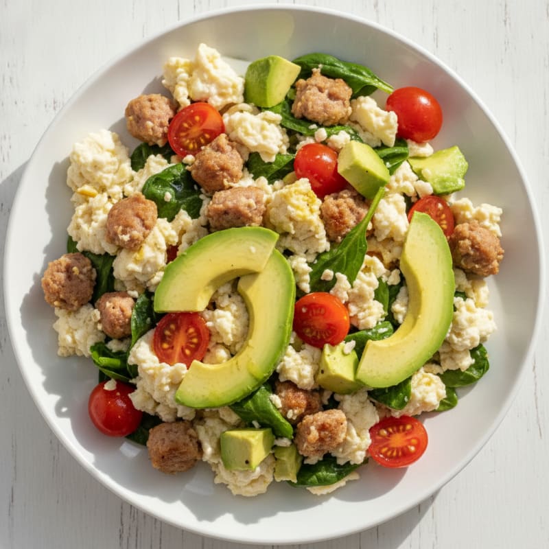 Egg White and Turkey Sausage Scramble with Spinach and Tomatoes