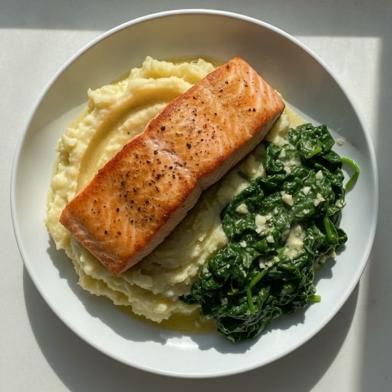 Seared Salmon with Creamy Spinach and Garlic Mashed Potatoes