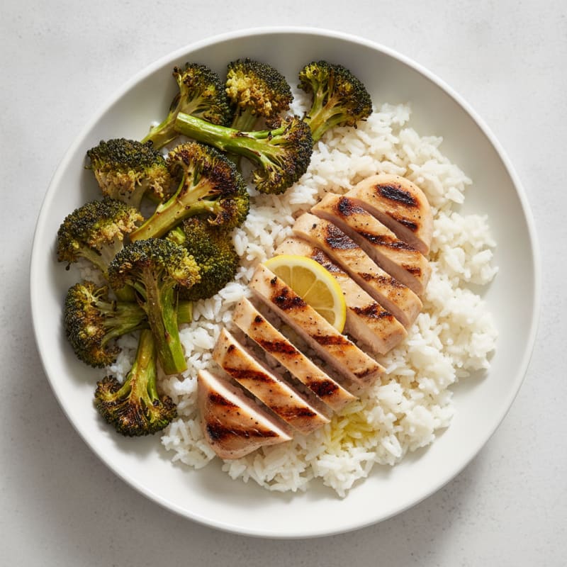 Grilled Chicken and White Rice Bowl with Roasted Broccoli