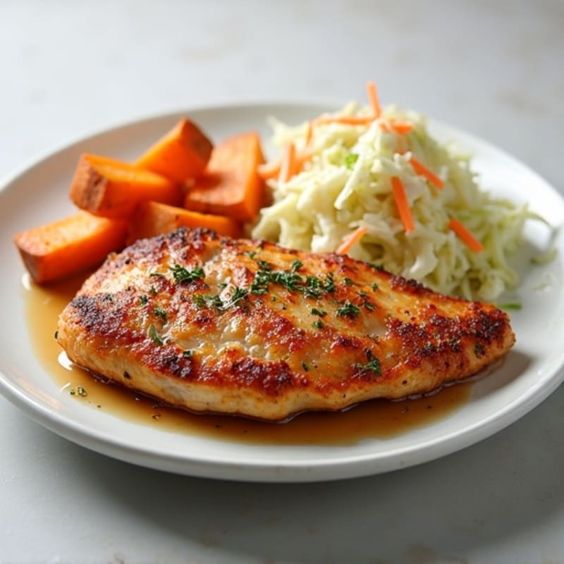 Crispy Pan-Seared Chicken with Roasted Sweet Potatoes and Creamy Apple Slaw
