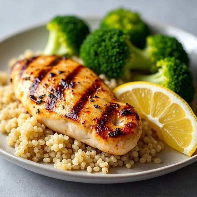 Grilled Lemon Garlic Chicken Breast with Quinoa and Steamed Broccoli