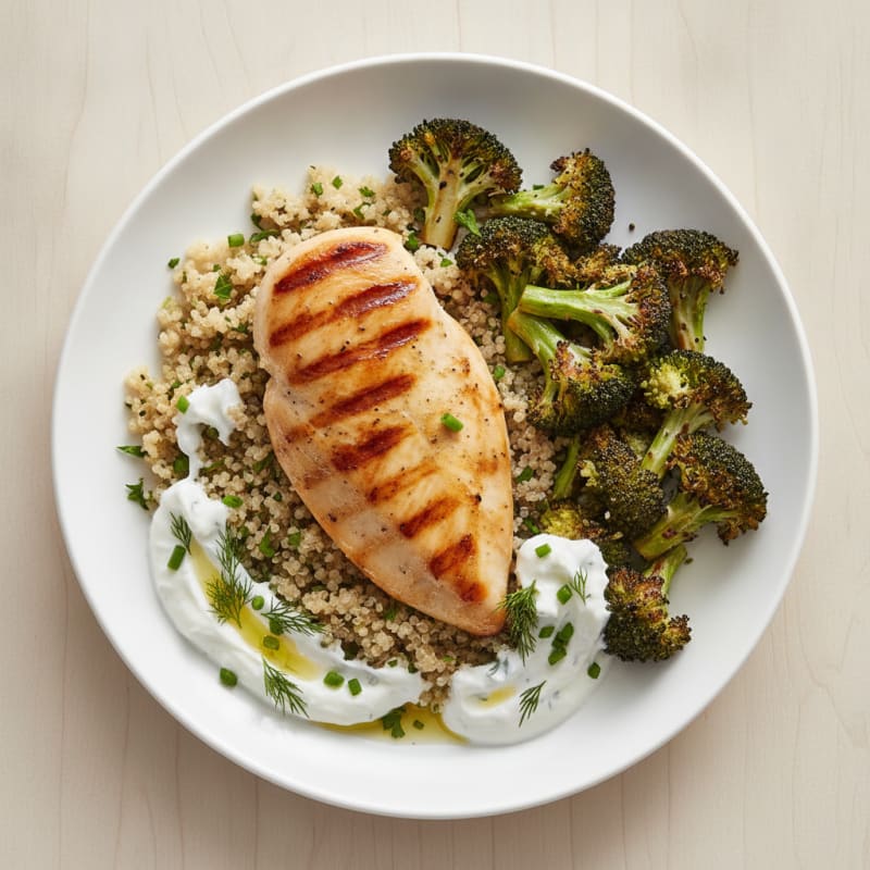 Grilled Chicken Breast with Quinoa, Roasted Broccoli, and Greek Yogurt Herb Sauce
