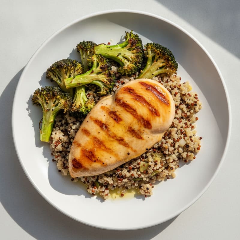 Grilled Chicken Breast over Quinoa and Roasted Broccoli