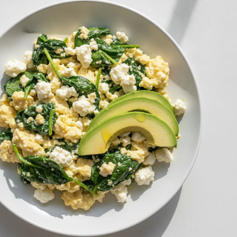 Egg White and Spinach Scramble with Cottage Cheese and Sliced Avocado