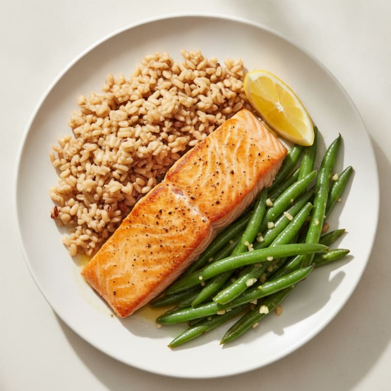 Seared Salmon with Garlic Green Beans and Brown Rice