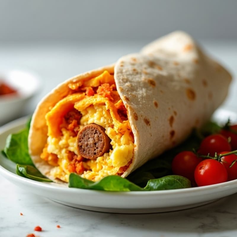 Hearty Scrambled Egg, Lean Turkey Sausage, and Sweet Potato Breakfast Burrito