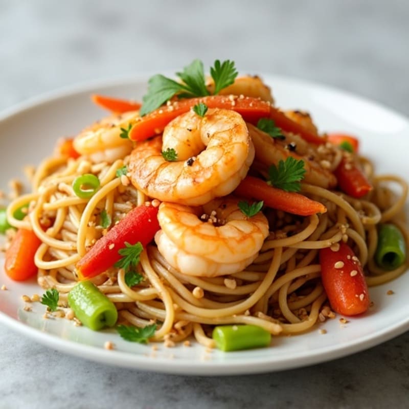 Fresh Shrimp with Sweet and Tangy Peanut Rice Noodles and Crisp Vegetables
