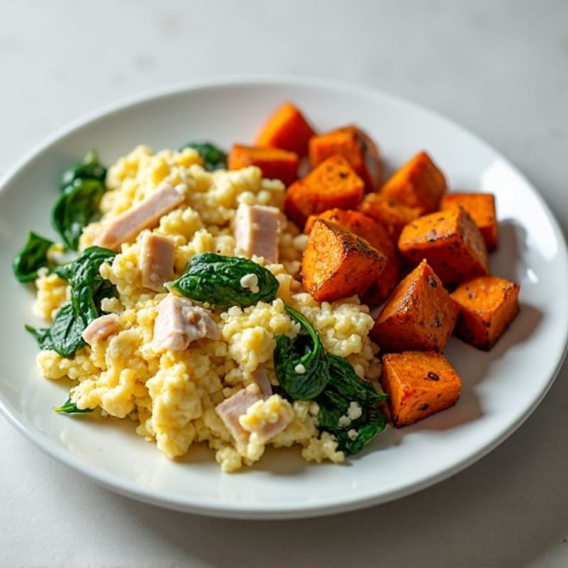 Egg White and Turkey Spinach Scramble with Roasted Sweet Potatoes