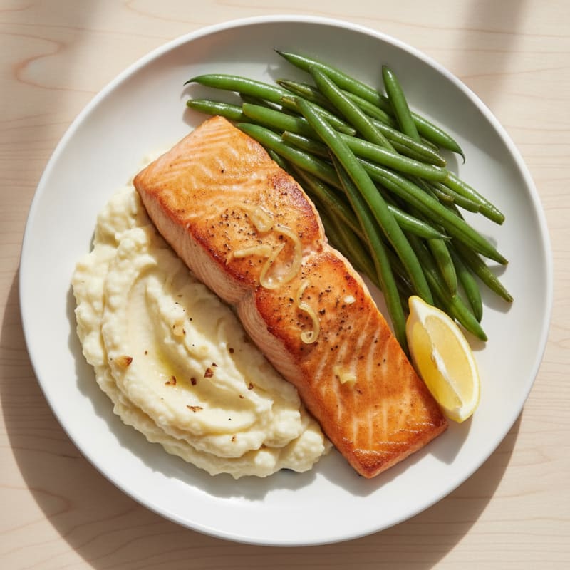 Seared Salmon with Steamed Green Beans and Garlic Mashed Cauliflower