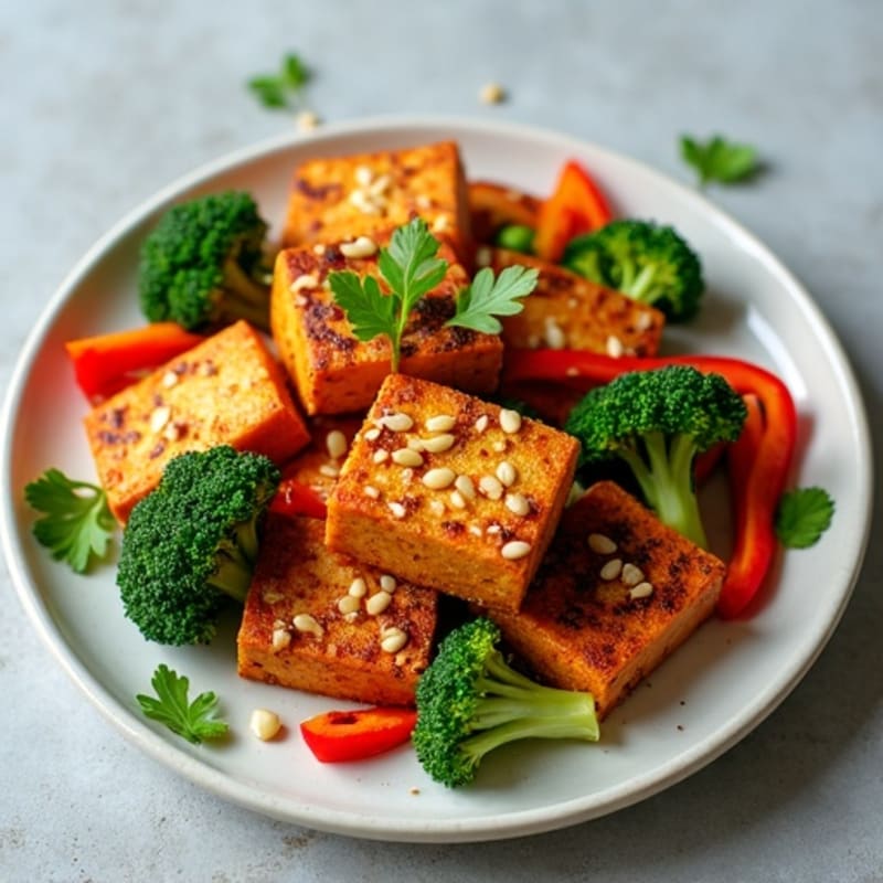 Crispy Baked Sesame Tofu with Roasted Broccoli and Bell Peppers