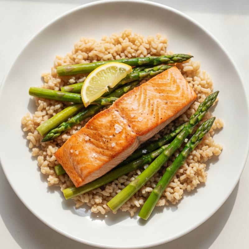 Seared Salmon with Steamed Asparagus and Brown Rice