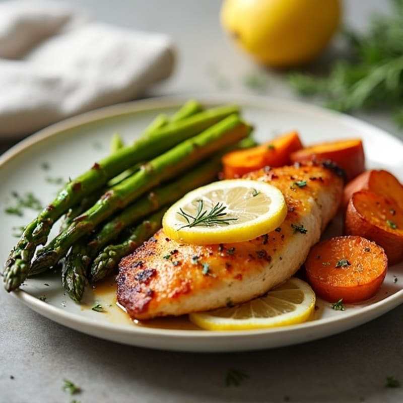 Crispy Lemon-Herb Roasted Chicken with Roasted Asparagus and Sweet Potatoes