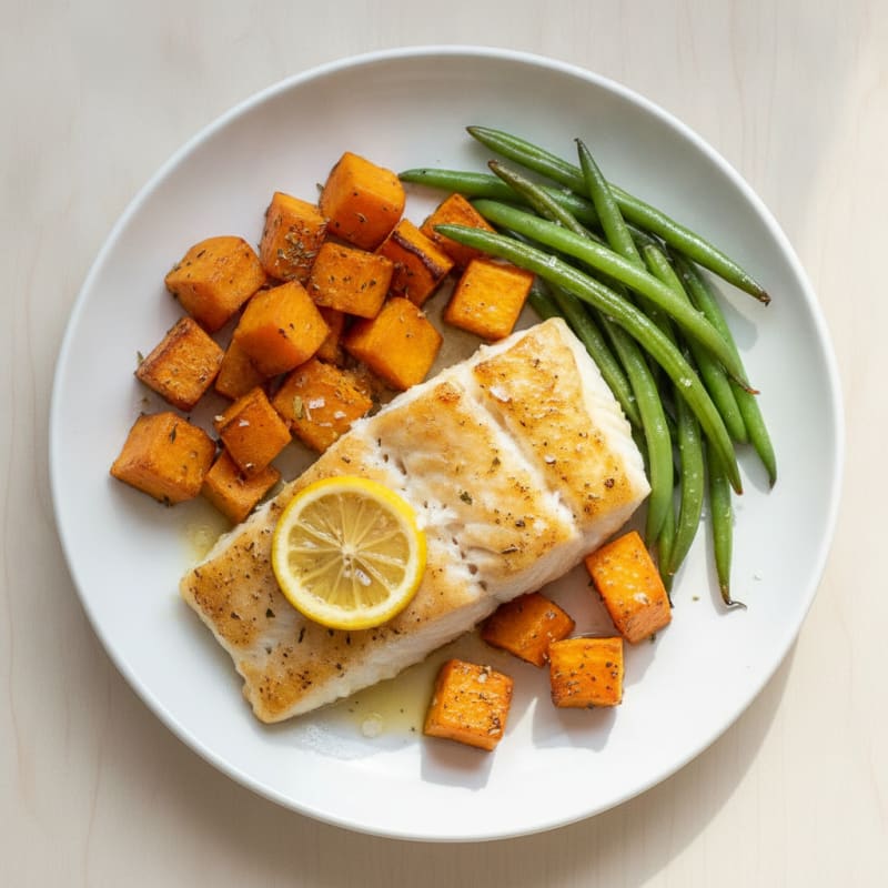 Baked Cod with Roasted Sweet Potatoes and Green Beans