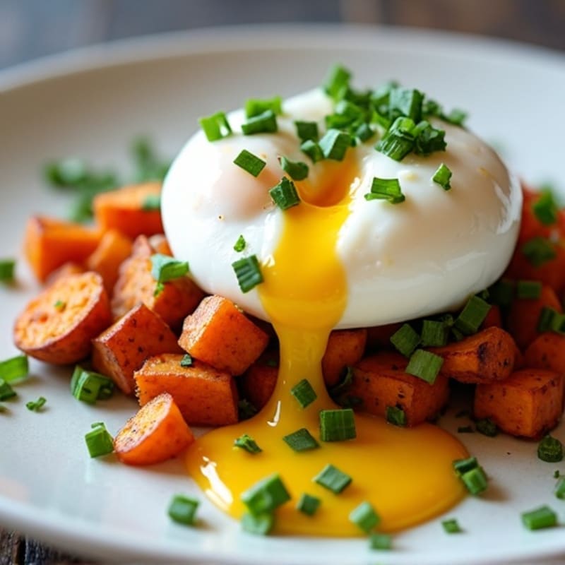 Poached Eggs with Crispy Sweet Potato Hash and Creamy Lemon Herb Sauce