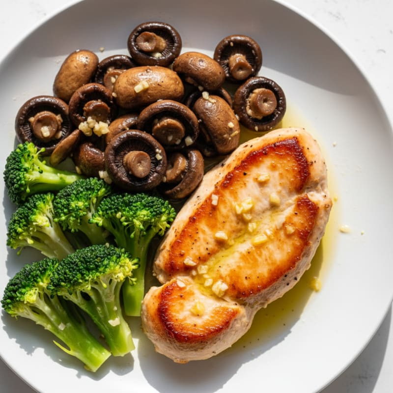 Seared Turkey Breast with Sautéed Mushrooms and Steamed Broccoli