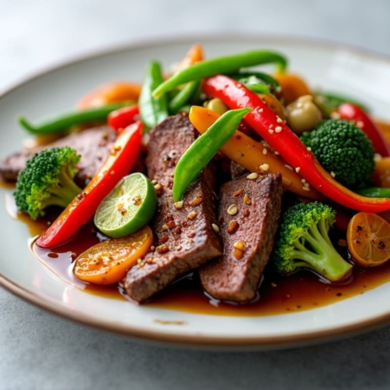 Pan-Seared Savory Garlic Ginger Beef with Crisp Vegetables