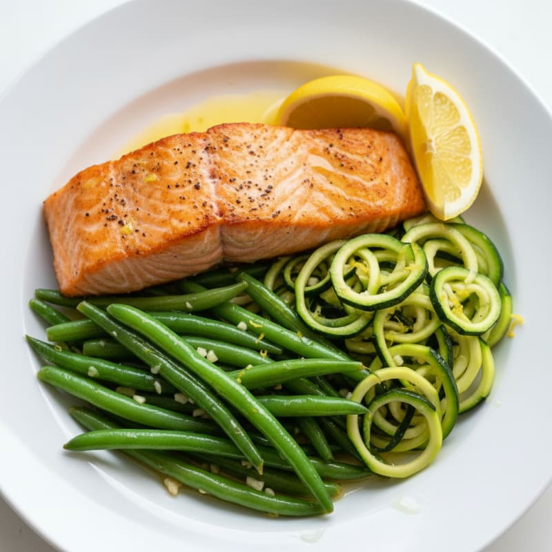 Seared Salmon Fillet with Garlic Green Beans and Zucchini Noodles