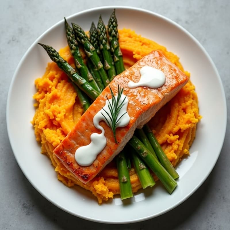Seared Salmon Fillet with Roasted Asparagus and Sweet Potato Mash