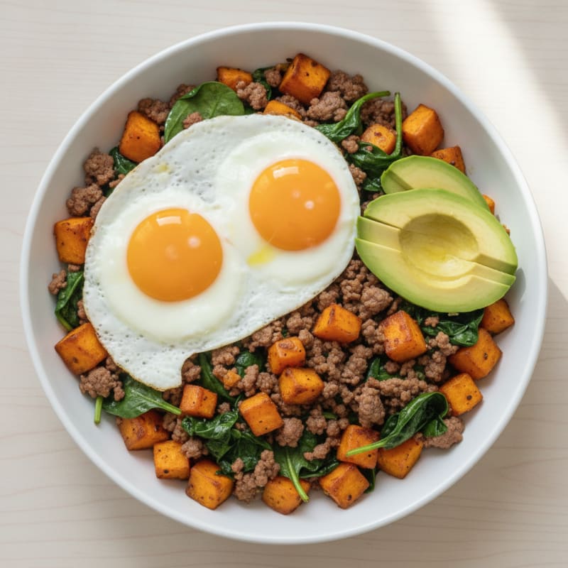 Egg and Sweet Potato Hash with Sautéed Spinach