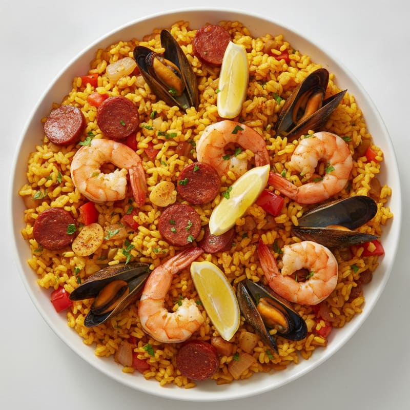 Saffron Seafood Paella with Chorizo