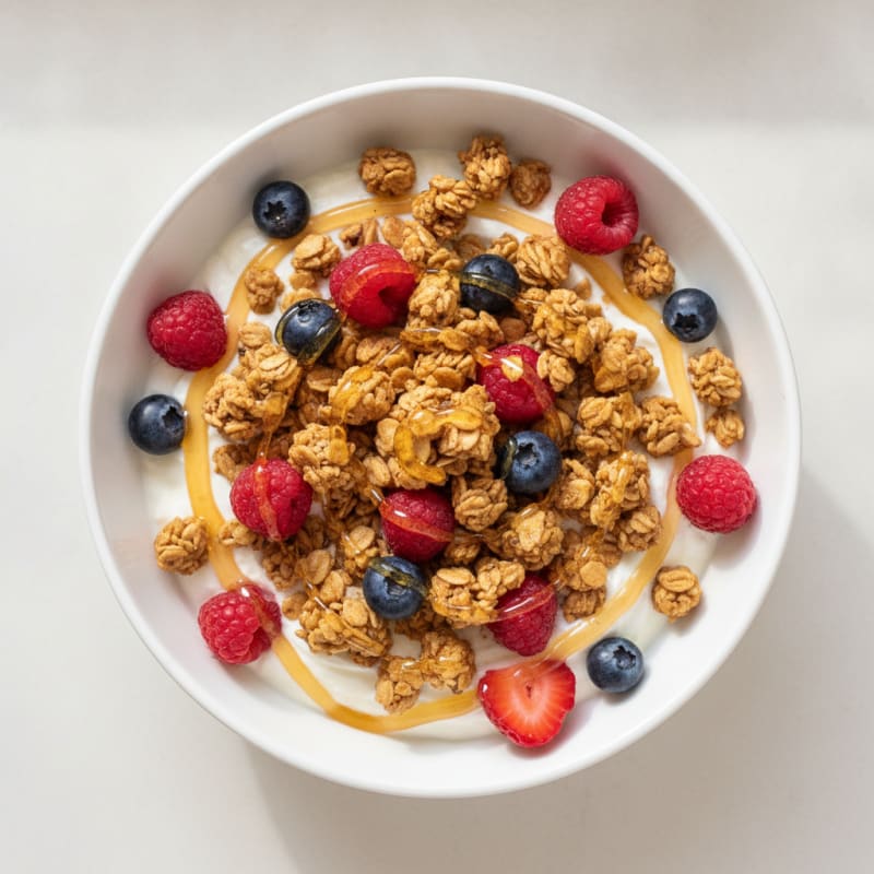 Silky Greek Yogurt Bowl with Protein Granola and Mixed Berries