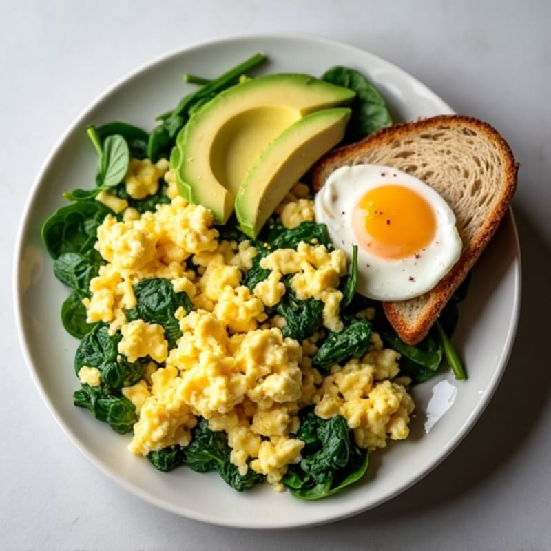 Egg White and Spinach Scramble with Cottage Cheese and Sliced Turkey