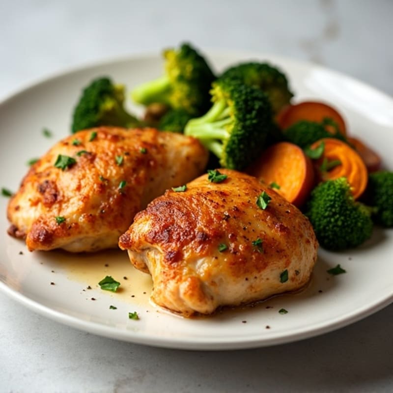 Crispy Baked Chicken Thighs with Roasted Broccoli and Sweet Potatoes