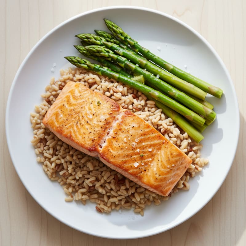 Seared Salmon with Steamed Asparagus and Brown Rice