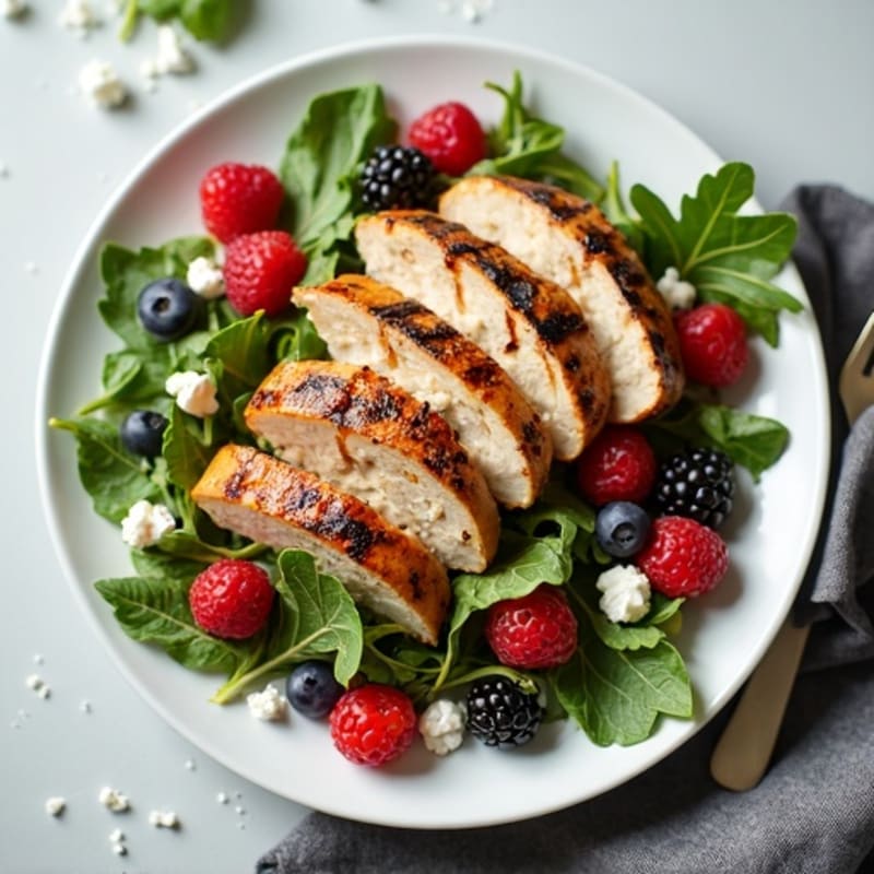 Fresh Berry and Arugula Salad with Crumbled Goat Cheese and Grilled Chicken