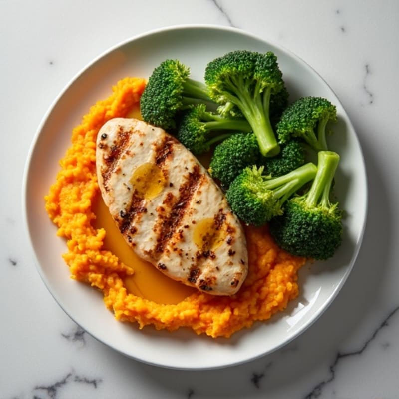 Grilled Chicken Breast with Steamed Broccoli and Sweet Potato Mash