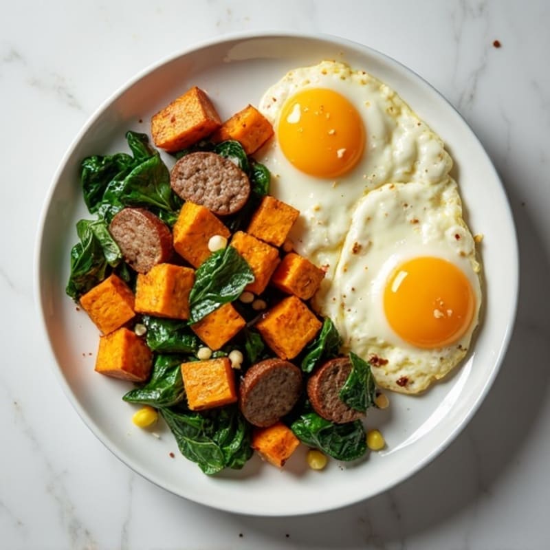 Egg White and Turkey Sausage Scramble with Spinach and Roasted Sweet Potatoes