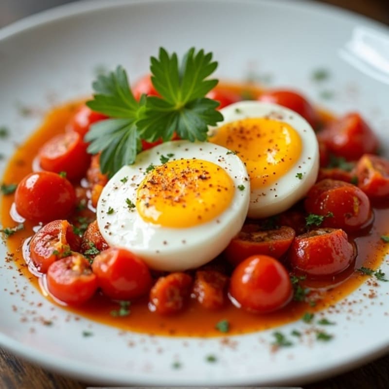 Poached Eggs with Savory Spiced Tomato and Bell Pepper Sauce