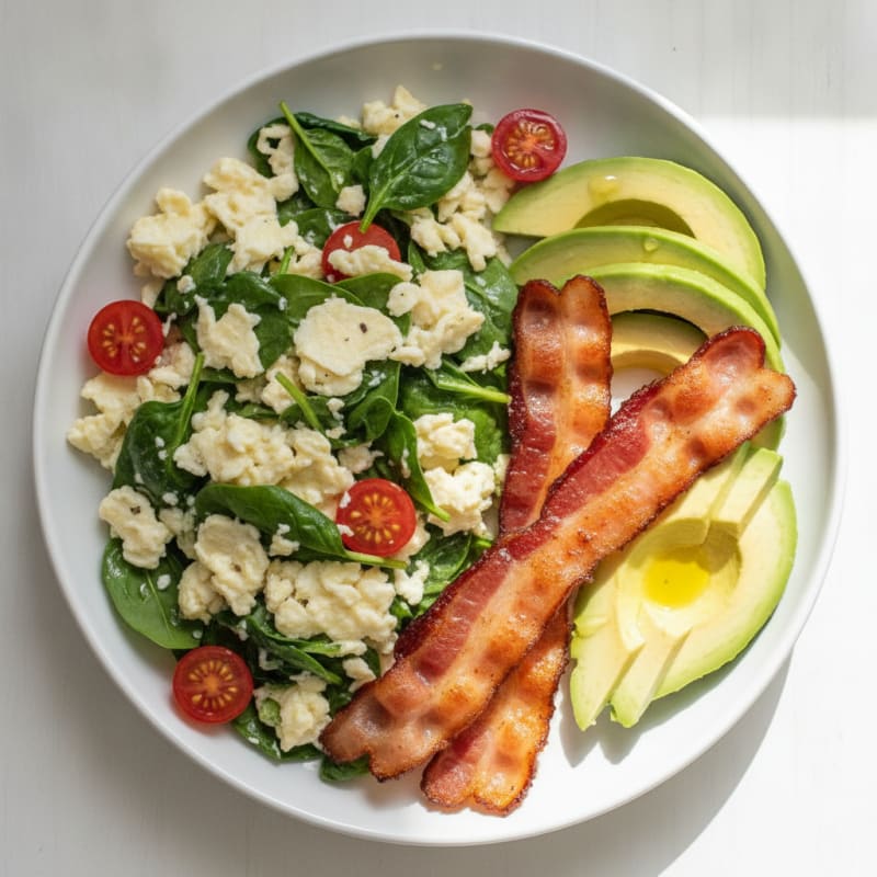 Egg White Spinach Scramble with Grilled Turkey Bacon